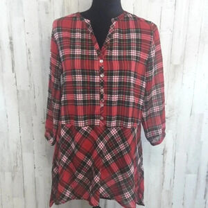 Red Plaid Tunic Top Buffalo Check Sheer Blouse